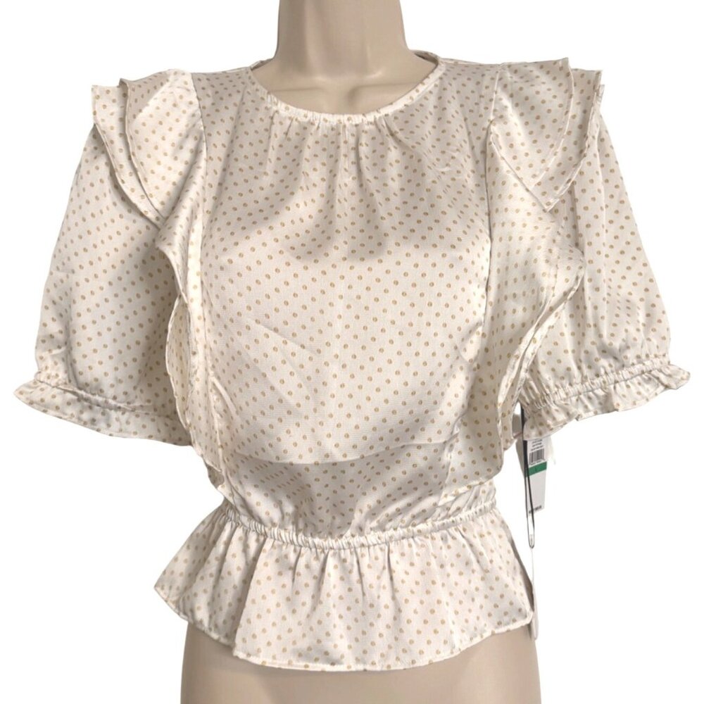 1 State Bon Voyage Cabo Dot Size Large Short Sleeve Blouse $69 NWT Peplum Crop
